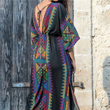 Summer Women Tunic Beach Wear Sexy Plunging Neck V Back Side Split Black Indie Folk Embroidery Kaftan Dress Vestidos Q645