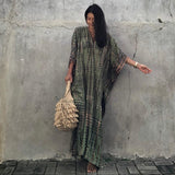 Printed V-Neck Batwing Sleeve Side Split Loose Dress For Women Clothes Plus Size Beachwear Maxi Dress Q1218