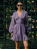 Back to School Lichi Dress  New Summer Light Ruffled Chiffon Mini Dress V-Neck Premium Dress Airy Puffed Sleeve Flared Hem Party Dresses