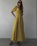 Summer Floral Print Dress for Women V-Neck Vintage French Style Puff Sleeve Boho Long Maxi Dress Urban Retro Vestidos Mujer