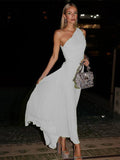 Back to School One Shoulder Green Pleated Maxi Dress Summer Women Sleeveless Cinched Waist Solid Color Elegant Party Evening Dresses