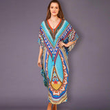 Quick-Drying Bohemian Printed Loose Summer Beach Dress Moroccan Kaftan Women Plus Size Beachwear Tassel Midi Dress Q897
