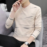 Momentlover  -  Fashion V-Neck Loose Korean Printed T-Shirt Men's Clothing Spring New Casual Pullovers Long Sleeve All-match Tee Shirt