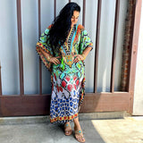 Solid Plus Size Long Kaftan Casual V-Neck Robe Summer Batwing Sleeve Woman Clothing Side Split Beachwear Maxi Dress Q1383