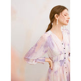 Purple Tie Dyed Spring Fall Dress Women Official Lady Maxi Dresses A-LINE Designer V-Neck Vintage Elegance Vestido De Mujer