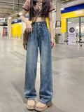 themeisles Retro Blue Distressed Korean Version High-waisted High-straight Design Loose Jeans