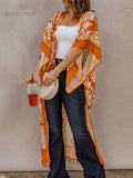 Printed Fringed Long Kimono Dress Bikini Wrap Cover-Ups Plus Size Women Summer Clothes Beach Wear Swim Suit Cover Up A1098
