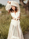 Sexy Deep V-neck Cut Out Long Sleeve Maxi Dress Long White Lace Tunic Party Women Clothes  Summer Beach Dress