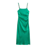 Women Chic Sling Strap Off Shoulder Midi Green Satin Backless Dress Club Party Sexy Skinny Women Summer Dress