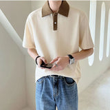 Momentlover  -  Summer Button Breathable Short Sleeve Waffle Elasticity Turn-down Loose T-Shirt Patchwork Korean Business POLO Oversize Shirt