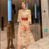 Patchwork Floral Print Party Dresses Spring A-LINE Plus Size V-Neck French Dress Maxi Dress Beach Long Female Vestidos