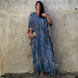 Printed V-Neck Batwing Sleeve Side Split Loose Dress For Women Clothes Plus Size Beachwear Maxi Dress Q1218