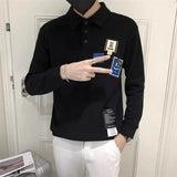 Momentlover  -  Stylish Solid Color Lapel Button Spliced Loose Letter T-Shirt Men's Clothing Autumn New Casual Pullovers Korean Tee Shirt
