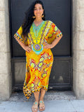 Moroccan Kaftan Boho Print Dress Sexy Batwing Sleeve Maxi Dress  Summer Women Clothing Beach Wear Casual Maxi Dress Q1394