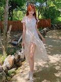 Geuxml  Summer Beach Floral Party Midi Dress Women Print Casual Elegant Short Sleeve Clothing Sexy France Vintage Fairy Dresses Slit