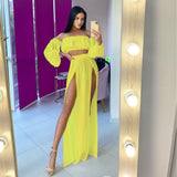 Women Mesh Sheer Bikini Cover-Ups Set See-Through Long Sleeve Crop Tops And Cover Up Skirts Two Piece Swimwear Beach Dresses