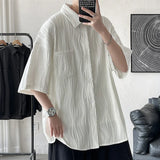 Momentlover  -  Told Tale Men's Wavy Grain Pleated Blouse Lapel Short Sleeve Streetwear Casual Male Loose Leisure Solid Shirts Men Clothing