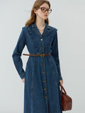 Retro Style Temperament Pure Cotton Denim Dress for Female  Autumn Chic High Waist Slim Single-breasted Dress with Belt