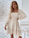 Back to School Women Elasticity Dress Ruffle High Waist Tight A-line Dress  Pullover Square Collar Long Sleeve Ruffled Dresses