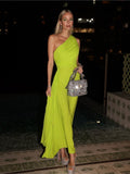 Back to School One Shoulder Green Pleated Maxi Dress Summer Women Sleeveless Cinched Waist Solid Color Elegant Party Evening Dresses