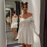 -Talenza Knitted Off Shoulder V Neck Mini Dress Women's Sexy High Waist Long Sleeve Dress White Knitted Sweater Dress Robe Women