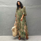 Printed V-Neck Batwing Sleeve Side Split Loose Dress For Women Clothes Plus Size Beachwear Maxi Dress Q1218