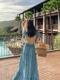 Bohemian Printed Blue Backless Sexy Summer Floral Beach Vacation Dress Female V-Neck Irregular Vestidos