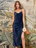 Elegant A-Line Backless Burgundy Bridesmaid Dresses Satin Split Spaghetti Strap Formal Wedding Prom Party Gowns Summer Dress