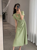 Geuxml  Summer Short Sleeve Black Vintage Casual Elegant Midi Dress Beach Pleated Out Women Party Fashion Dresses Vestidos largos
