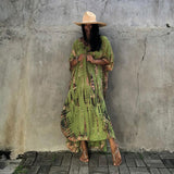Printed V-Neck Batwing Sleeve Side Split Loose Dress For Women Clothes Plus Size Beachwear Maxi Dress Q1218