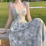 Geuxml   Elegan Casual Midi Strap Dress Y2k Fashion Women Summer Vintage Boho Flowers Print Beach Princess Dresses Harajuku Vestidos