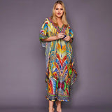 Printed Summer Holiday Dress Blue Tunic Women Beach Wear Kaftan V-Neck Bats Sleeve Maxi Dress Robe Q956