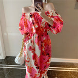 Slash Neck Beach Style Maxi Dress for Women Summer Puff Sleeve Plus Size Vintage Ankle-Length Dresses Ladies Elegant