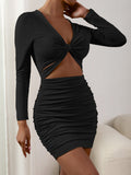 sexy V Neck Hollow Out Pleated Mini Dresses Autumn Long Sleeve Black Bodycon Short Dress Women's Nightclub Party Dresses