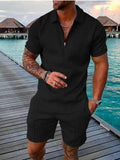 Momentlover Men's Polo Suit Fashion Men Sets Mens Solid Color Summer V-neck Zipper Short Sleeve POLO Shirt+Shorts Two Pieces Men Casual Suit