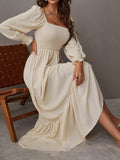Back to School Vintage Square Neck Midi Dress Long Sleeve Ruffle A Line Robe High Waist Elasticity Commuter Office Lady Casual Long Dresses
