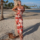 Summer  New Fashion Print Temperament Pressed Pleated High-rise Hip Bag Backless Slim Slip Dress Birthday Dresses