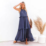 Sexy Blue Ruffled Halter Neck Sleeveless Maxi Dress Casual Women Summer Clothes Streetwear Sundress Vestido De Mujer A1228