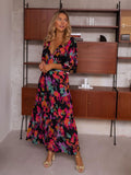 Floral Printed V-Neck Short Sleeve Self Belted Cotton Dress Tunic Women Summer Clothes Street Wear Maxi Dresses A1341