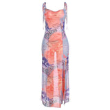 Weird Puss Mesh Print Dress Women Side Split Backless Lace Up Sleeveless Sundress Stretch Skinny Party Vacation Coquette Outfit