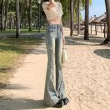 themeisles Versatile Japanese Pants, Spring And Autumn Trends, Dark Micro Flared Pants, Minimalist Literary Jeans, High Waisted Fashion