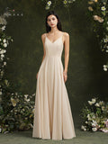 Stock Champagne Lace Chiffon Bridesmaid Dresses Women A-Line V-Neck Beach Dress Spaghetti Strap Formal Wedding Prom Party Gowns