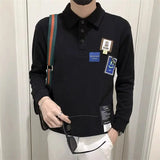 Momentlover  -  Stylish Solid Color Lapel Button Spliced Loose Letter T-Shirt Men's Clothing Autumn New Casual Pullovers Korean Tee Shirt