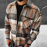 Momentlover Business Casual Plaid Print Wool Shirt Jacket Men  Spring Single Breasted Lapel Top Autumn Pocket Patchwork T-shirt Cardigan