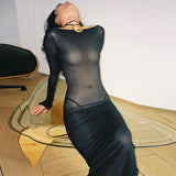 Fall outfits Mesh Sheer Sexy Backless Strappy Dress Summer Elegant Outfits for Women Long Sleeve Tulle Maxi Dresses Vestido