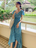Bohemian Printed Blue Backless Sexy Summer Floral Beach Vacation Dress Female V-Neck Irregular Vestidos
