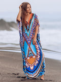 Printed Summer Holiday Dress Blue Tunic Women Beach Wear Kaftan V-Neck Bats Sleeve Maxi Dress Robe Q956