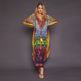 Printed Summer Holiday Dress Blue Tunic Women Beach Wear Kaftan V-Neck Bats Sleeve Maxi Dress Robe Q956