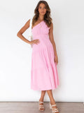 Red Boho Asymmetrical Solid Color Sexy One Shoulder Straped Bodycon Midi Dress Women Casual Summer Party Slip Dresses A1233