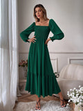 Back to School Vintage Square Neck Midi Dress Long Sleeve Ruffle A Line Robe High Waist Elasticity Commuter Office Lady Casual Long Dresses